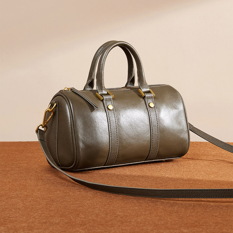 Women's Vintage Top-Grain Leather Pillow-Shaped Zipper Crossbody Shoulder Handbag In Gold Hardware
