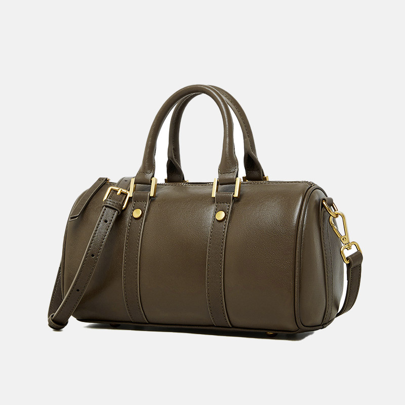 Women's Vintage Top-Grain Leather Pillow-Shaped Zipper Crossbody Shoulder Handbag In Gold Hardware