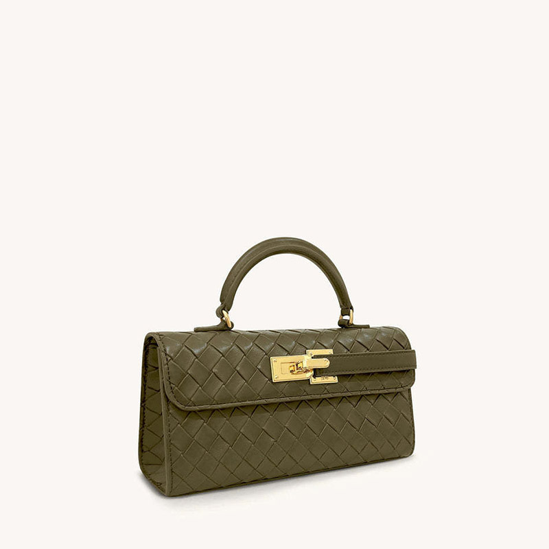 Sac à main en cuir véritable tissé pour femmes avec fermeture en or