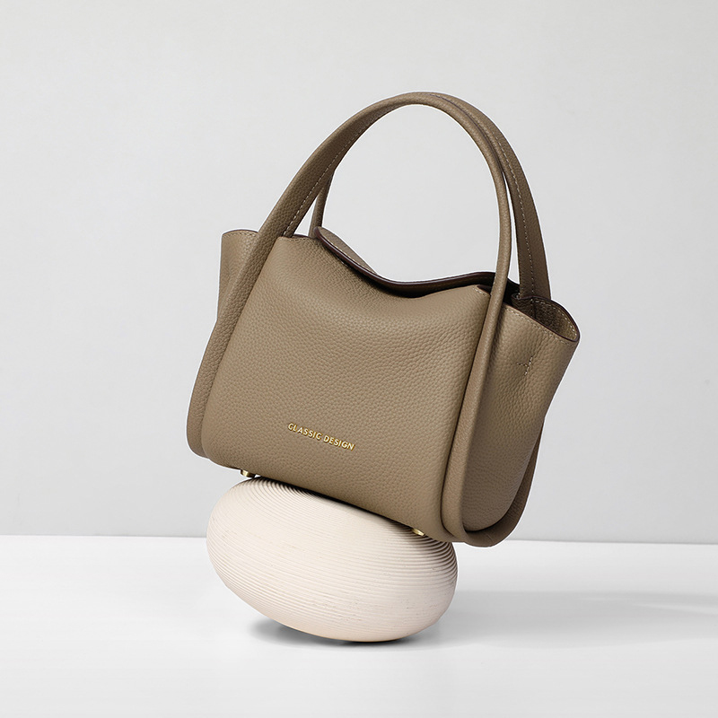 Women's Khaki Minimalist Split Leather Bucket Handbags