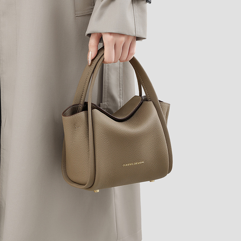 Women's Khaki Minimalist Split Leather Bucket Handbags