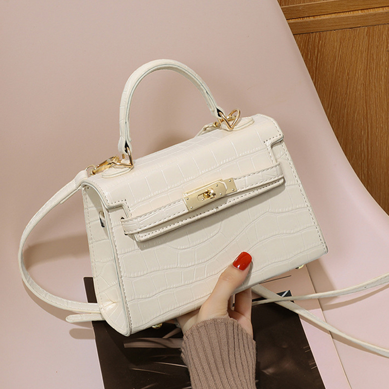 Mini sac à bandoulière en cuir fendu gaufré au crocodile pour femmes, à poignée supérieure en métal doré