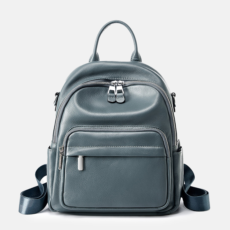 Women's Vintage Blue Top-Grain Leather Zipper Backpack