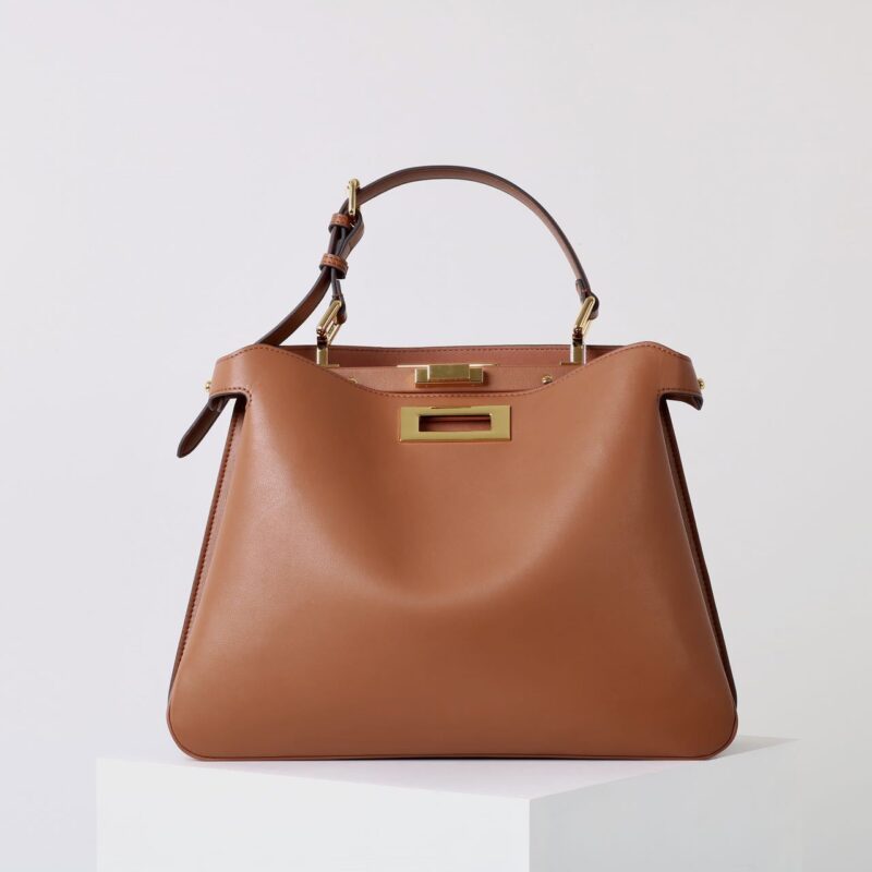 Women's Vintage Brown Leather Shoulder Top Handle Bag In Gold Turn-Lock