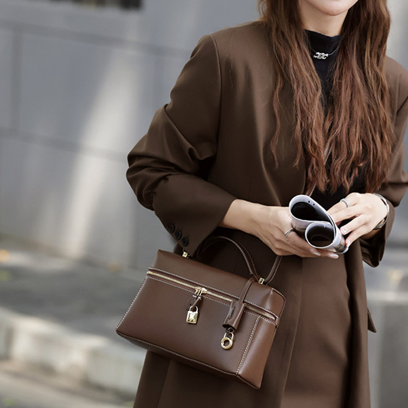 Women's Vintage Leather Box Crossbody Shoulder Strap Top Handbag Bag With Lock Buckle