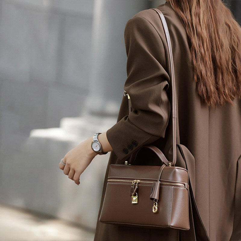 Women's Vintage Leather Box Crossbody Shoulder Strap Top Handbag Bag With Lock Buckle