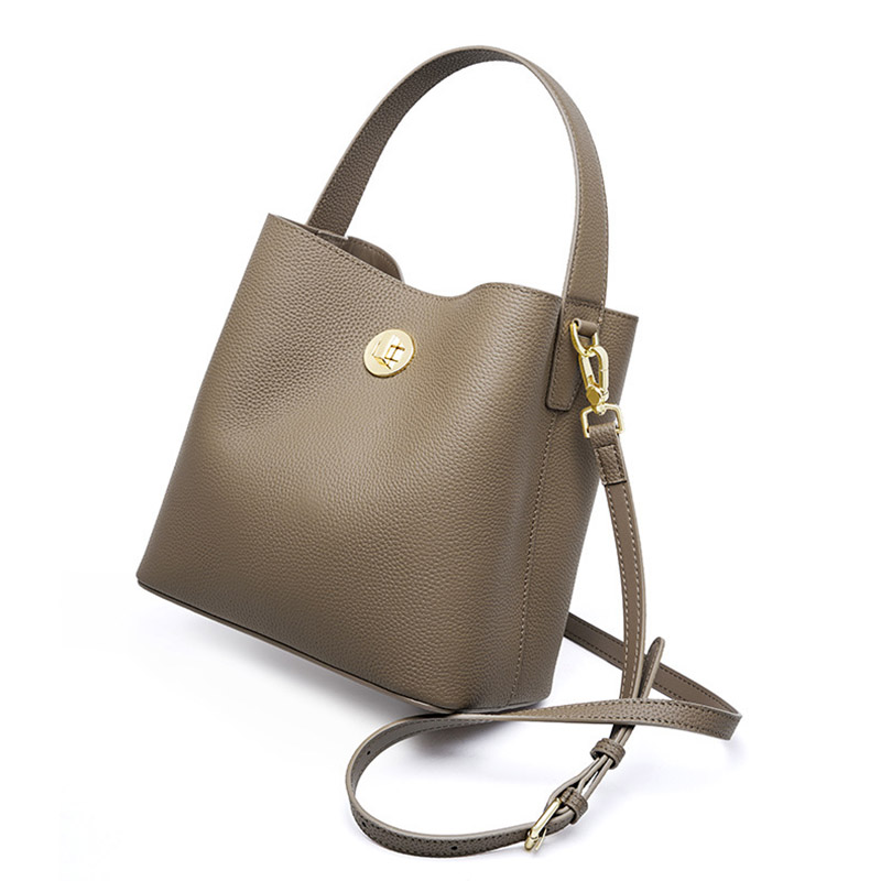 Women's Vintage Top-Grain Leather Bucket Shoulder Crossbody Handbag In Gold Hardware