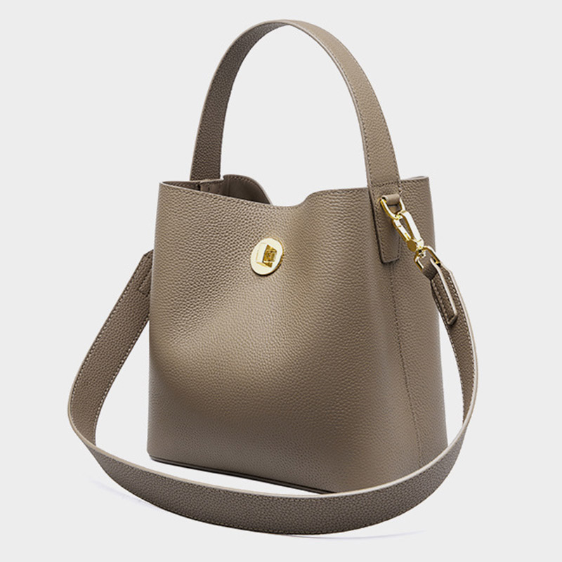 Women's Vintage Top-Grain Leather Bucket Shoulder Crossbody Handbag In Gold Hardware