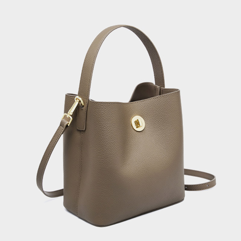 Women's Vintage Top-Grain Leather Bucket Shoulder Crossbody Handbag In Gold Hardware