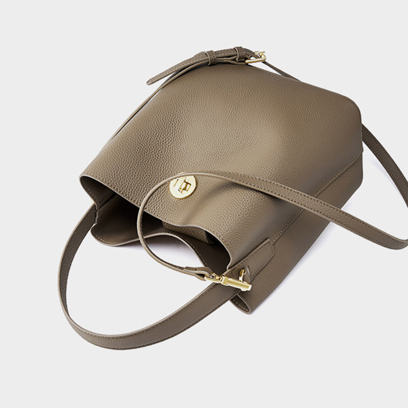 Women's Vintage Top-Grain Leather Bucket Shoulder Crossbody Handbag In Gold Hardware