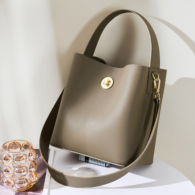 Women's Vintage Top-Grain Leather Bucket Shoulder Crossbody Handbag In Gold Hardware