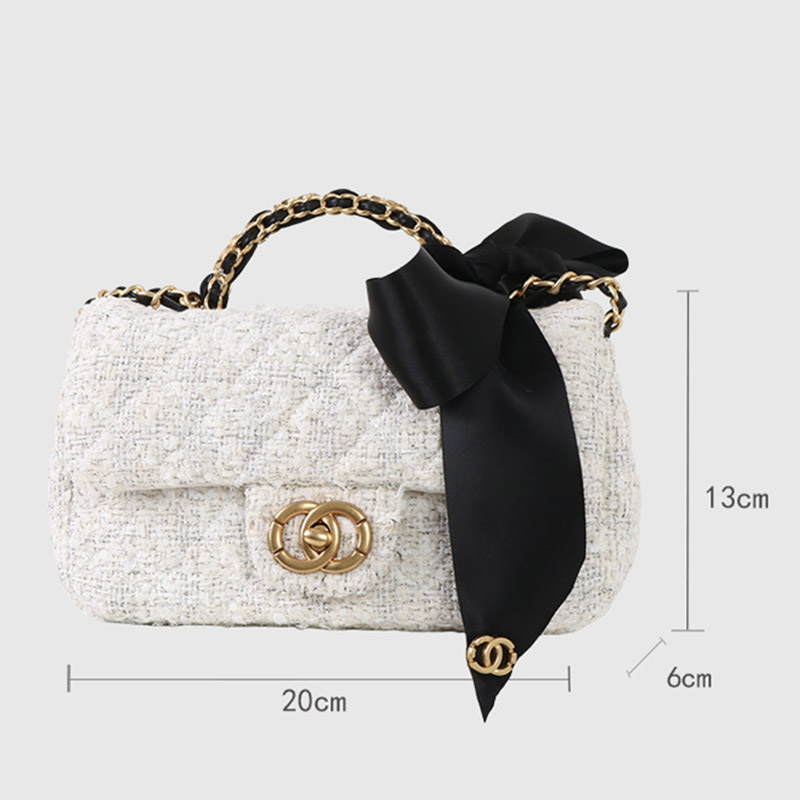 Women's Vintage White Quilted Tweed Leder Crossbody Schulterkette Top Handle Bag With Bow