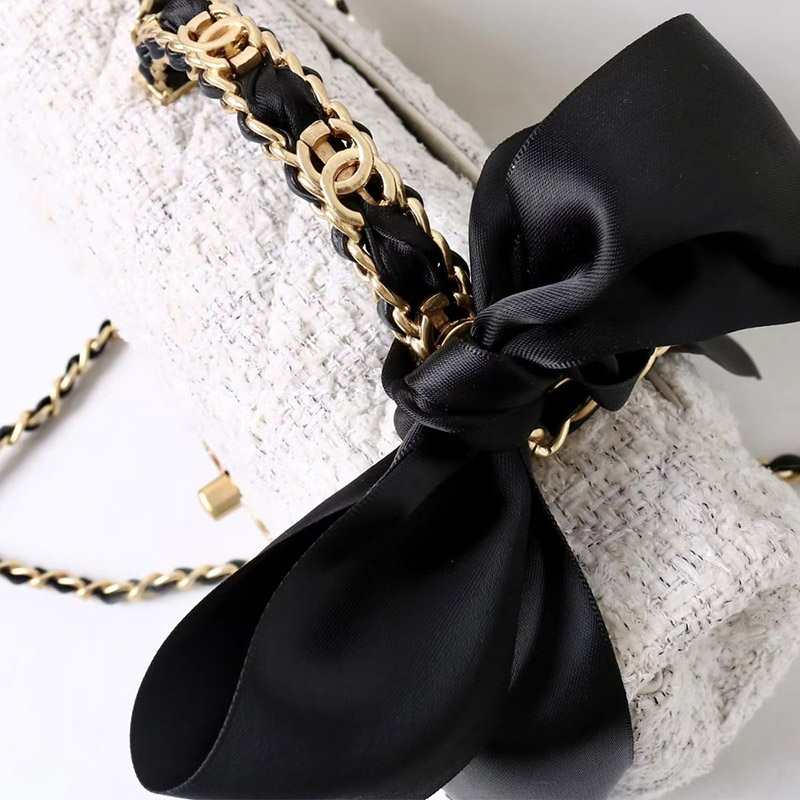 Women's Vintage White Quilted Tweed Leder Crossbody Schulterkette Top Handle Bag With Bow