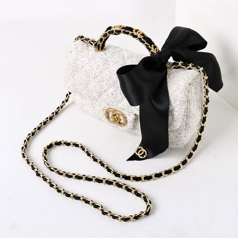 Women's Vintage White Quilted Tweed Leder Crossbody Schulterkette Top Handle Bag With Bow