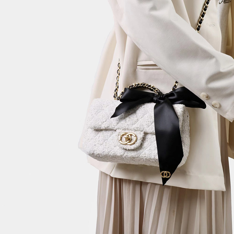 Women's Vintage White Quilted Tweed Leder Crossbody Schulterkette Top Handle Bag With Bow