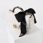 Women's Vintage White Quilted Tweed Leder Crossbody Schulterkette Top Handle Bag With Bow