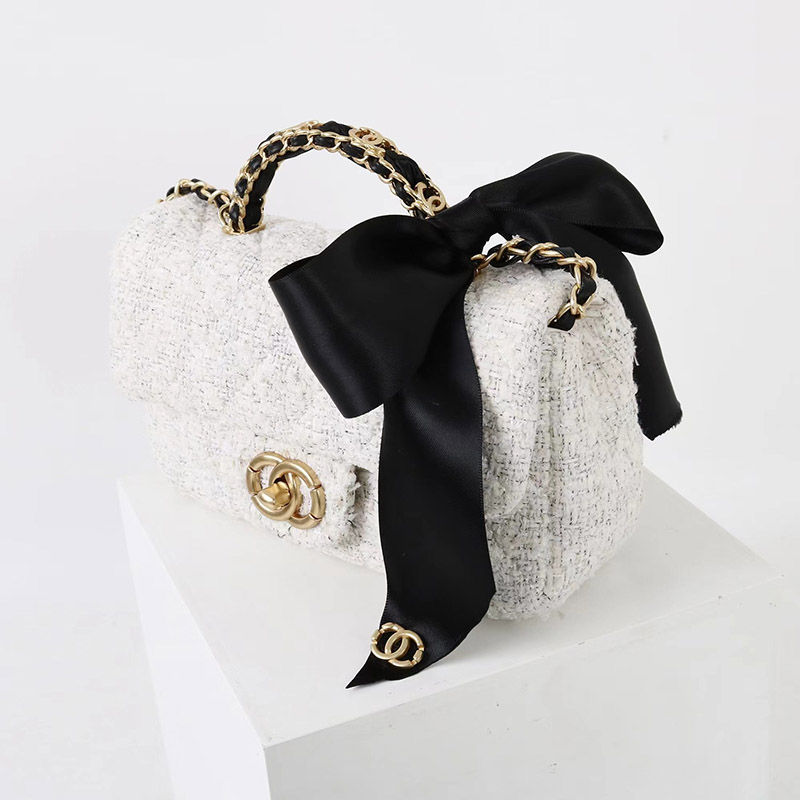 Women's Vintage White Quilted Tweed Leder Crossbody Schulterkette Top Handle Bag With Bow