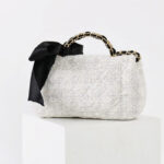 Women's Vintage White Quilted Tweed Leder Crossbody Schulterkette Top Handle Bag With Bow