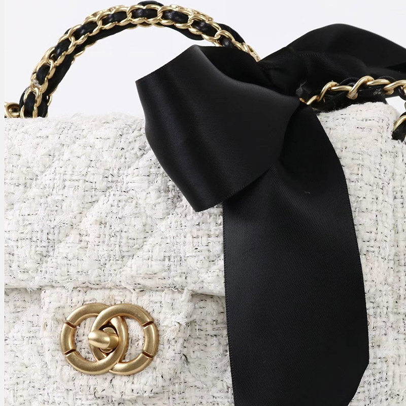 Women's Vintage White Quilted Tweed Leder Crossbody Schulterkette Top Handle Bag With Bow