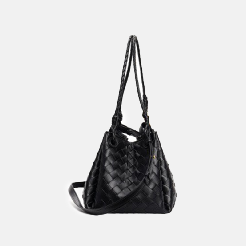 Women's Vintage Woven Leather Crossbody Strap Shoulder Bucket Bag In Gold Hardware