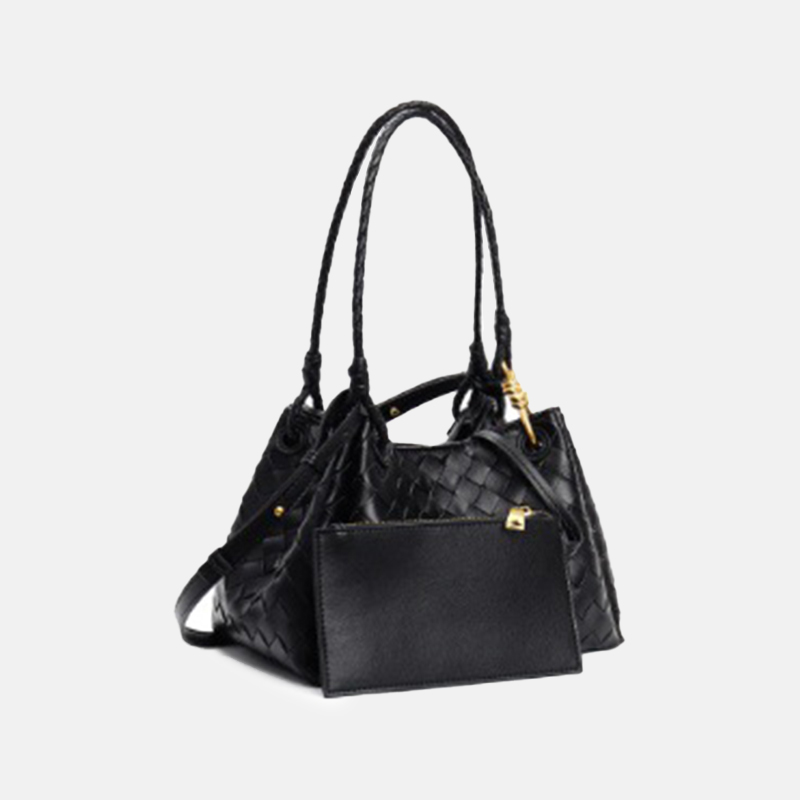 Women's Vintage Woven Leather Crossbody Strap Shoulder Bucket Bag In Gold Hardware