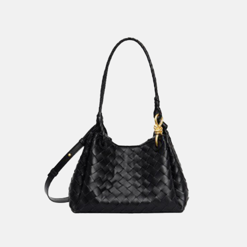 Women's Vintage Woven Leather Crossbody Strap Shoulder Bucket Bag In Gold Hardware