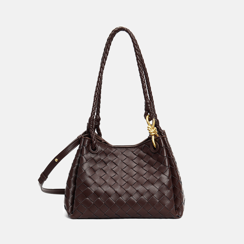 Women's Vintage Woven Leather Crossbody Strap Shoulder Bucket Bag In Gold Hardware