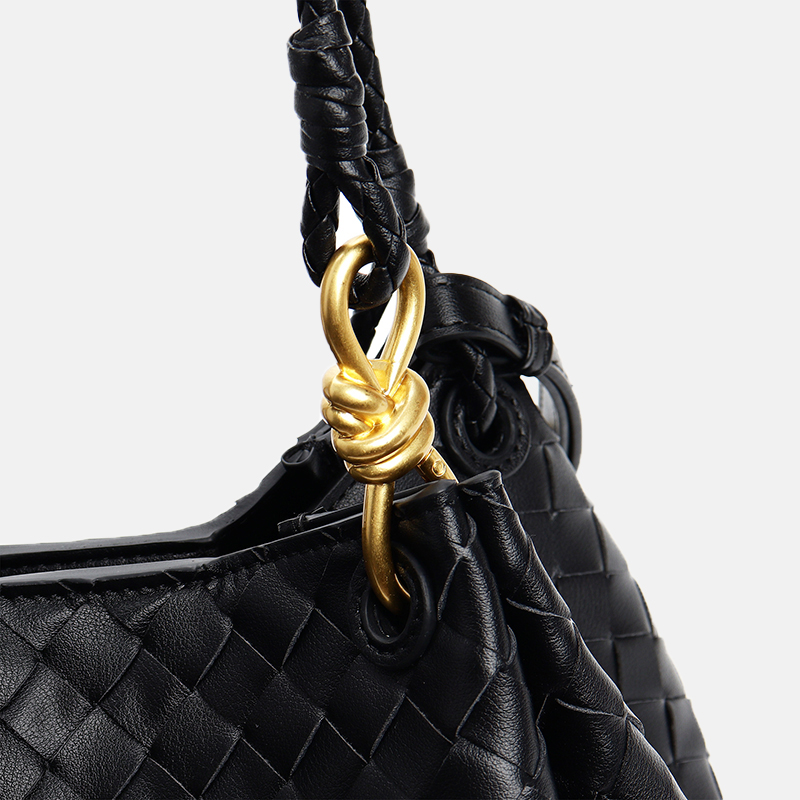 Women's Vintage Woven Leather Crossbody Strap Shoulder Bucket Bag In Gold Hardware