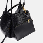 Women's Vintage Woven Leather Crossbody Strap Shoulder Bucket Bag In Gold Hardware