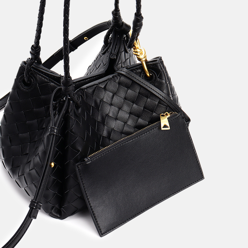 Women's Vintage Woven Leather Crossbody Strap Shoulder Bucket Bag In Gold Hardware