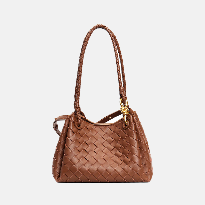 Women's Vintage Woven Leather Crossbody Strap Shoulder Bucket Bag In Gold Hardware
