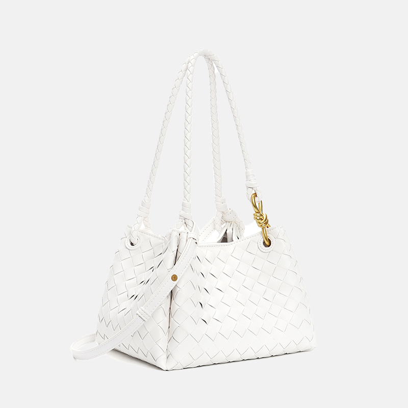 Women's Vintage Woven Leather Crossbody Strap Shoulder Bucket Bag In Gold Hardware