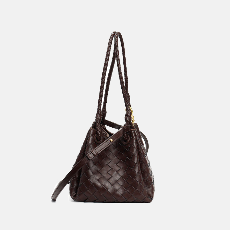 Women's Vintage Woven Leather Crossbody Strap Shoulder Bucket Bag In Gold Hardware