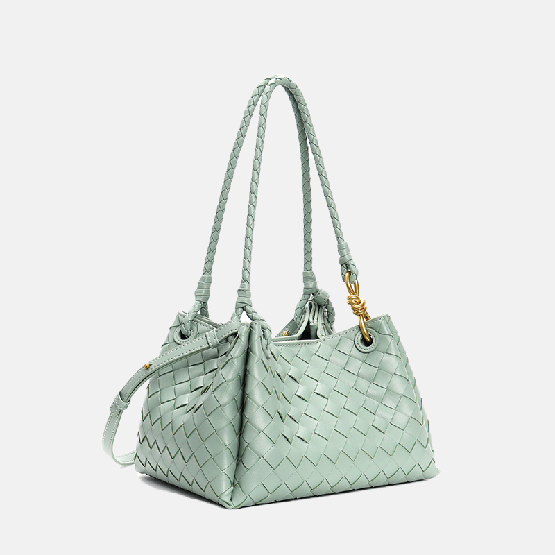 Women's Vintage Woven Leather Crossbody Strap Shoulder Bucket Bag In Gold Hardware