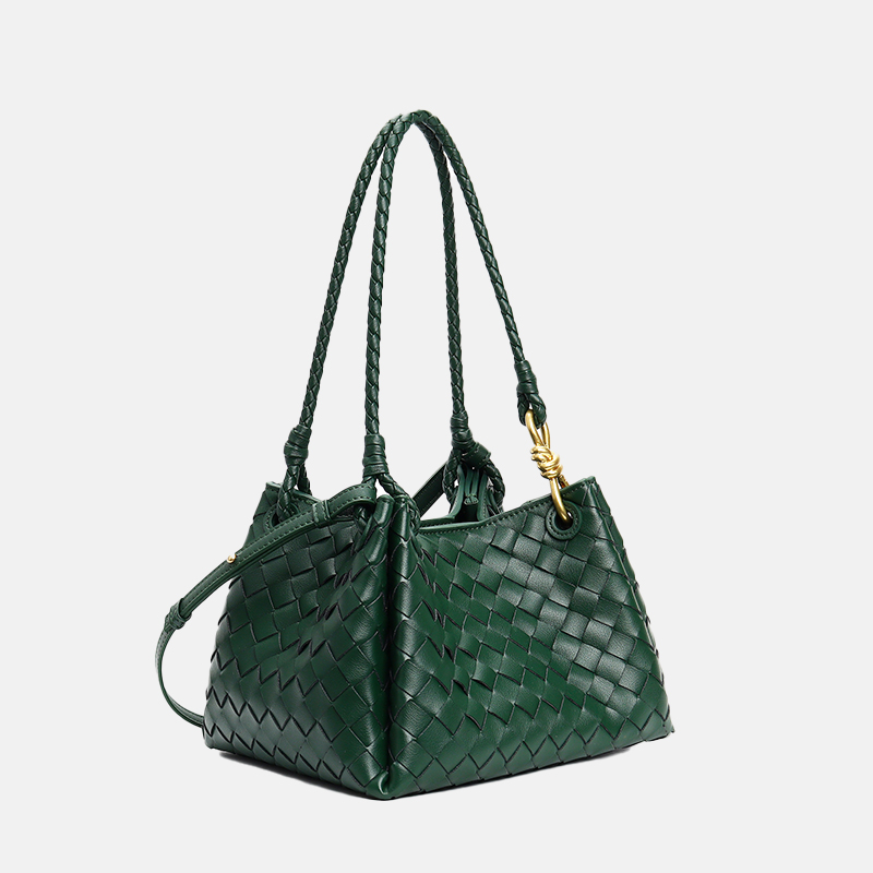Women's Vintage Woven Leather Crossbody Strap Shoulder Bucket Bag In Gold Hardware