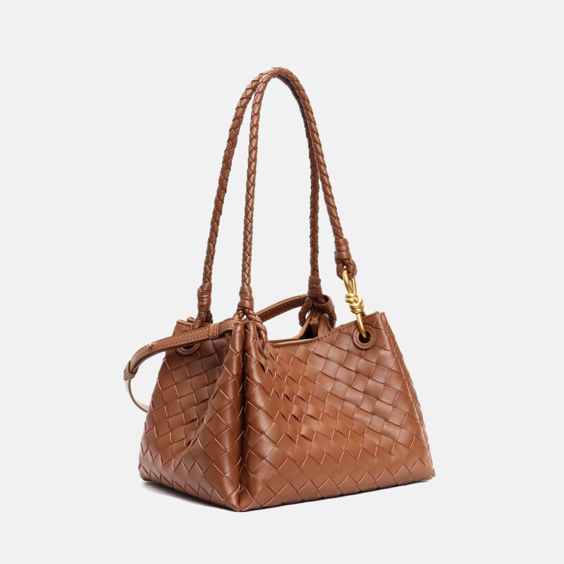 Women's Vintage Woven Leather Crossbody Strap Shoulder Bucket Bag In Gold Hardware