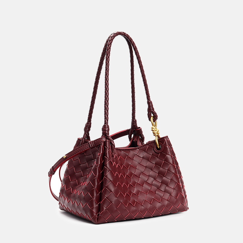 Women's Vintage Woven Leather Crossbody Strap Shoulder Bucket Bag In Gold Hardware
