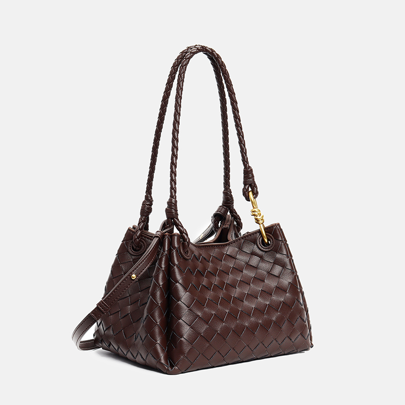 Women's Vintage Woven Leather Crossbody Strap Shoulder Bucket Bag In Gold Hardware