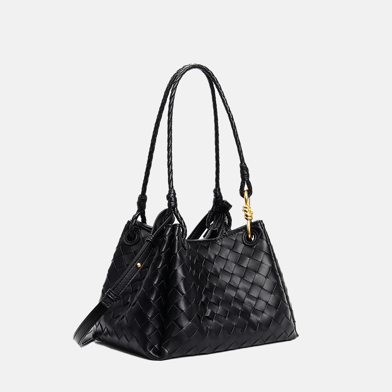 Women's Vintage Woven Leather Crossbody Strap Shoulder Bucket Bag In Gold Hardware