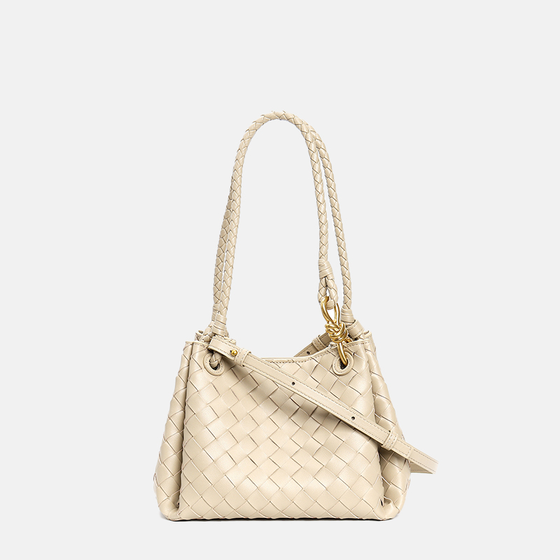 Women's Vintage Woven Leather Crossbody Strap Shoulder Bucket Bag In Gold Hardware