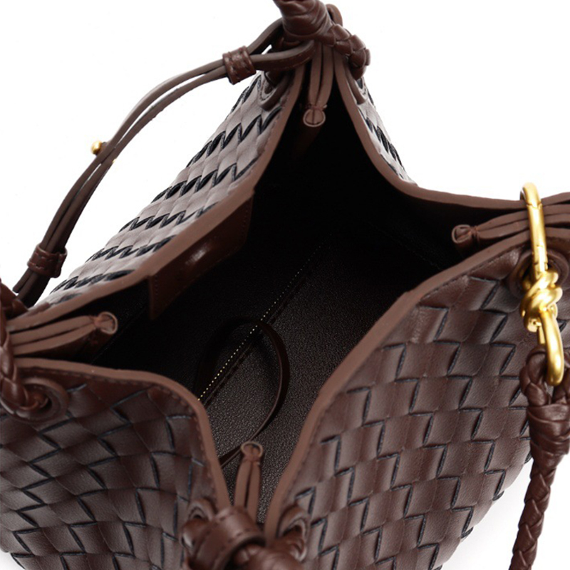 Women's Vintage Woven Leather Crossbody Strap Shoulder Bucket Bag In Gold Hardware