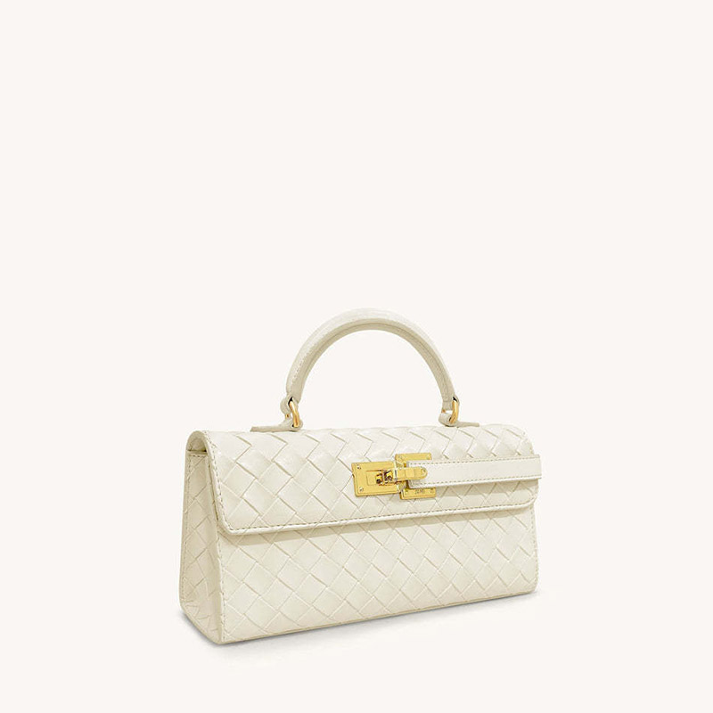 Sac à main en cuir véritable tissé pour femmes avec fermeture en or