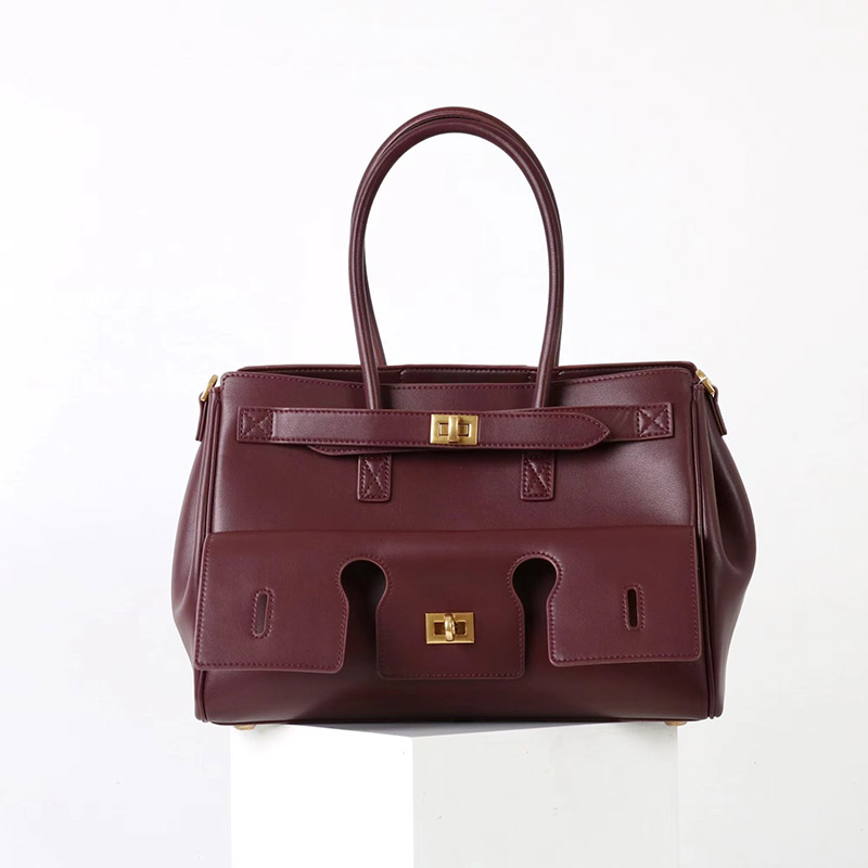 Women's Vintage Cowhide Leather Shoulder Tote Bag With Lock Closure