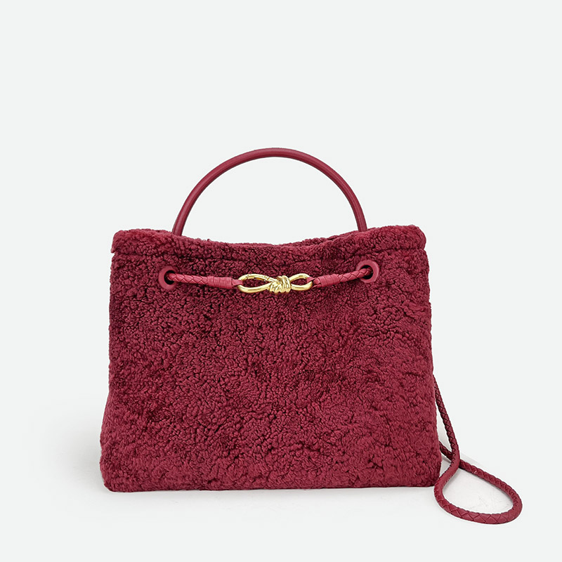 Femmes Vintage Lambswool Plush Metal Bow Shoulder Crossbody Handbag