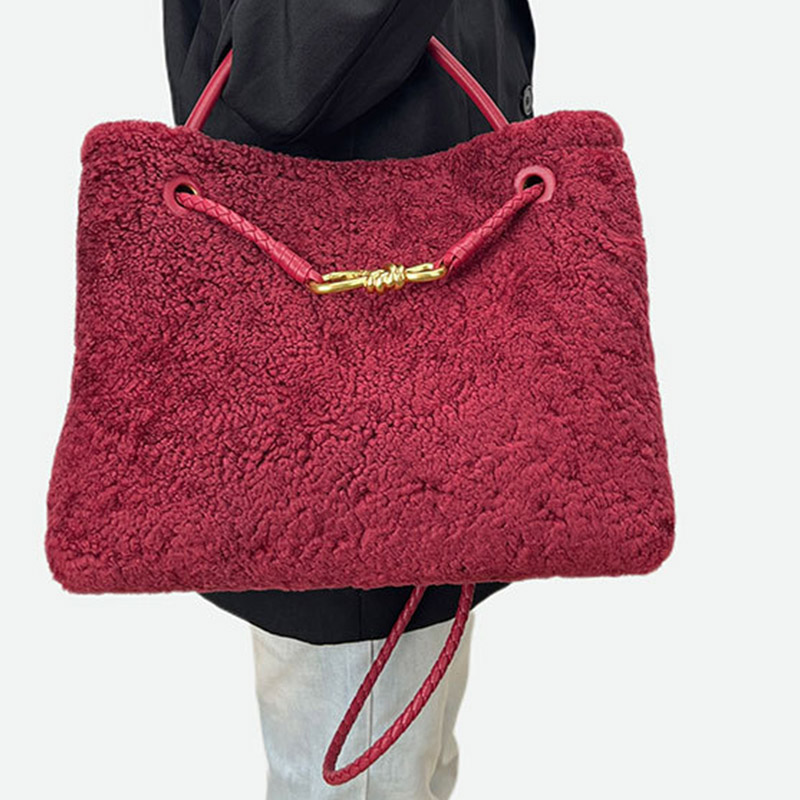 Femmes Vintage Lambswool Plush Metal Bow Shoulder Crossbody Handbag