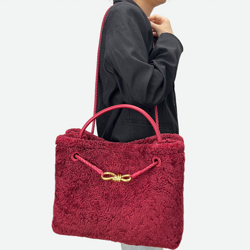 Femmes Vintage Lambswool Plush Metal Bow Shoulder Crossbody Handbag