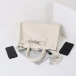Women's Full-Grain Leather Drawstring Buckle Tote Bag With Silver Hardware