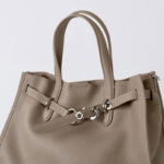 Women's Full-Grain Leather Drawstring Buckle Tote Bag With Silver Hardware