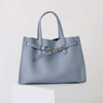 Women's Full-Grain Leather Drawstring Buckle Tote Bag With Silver Hardware