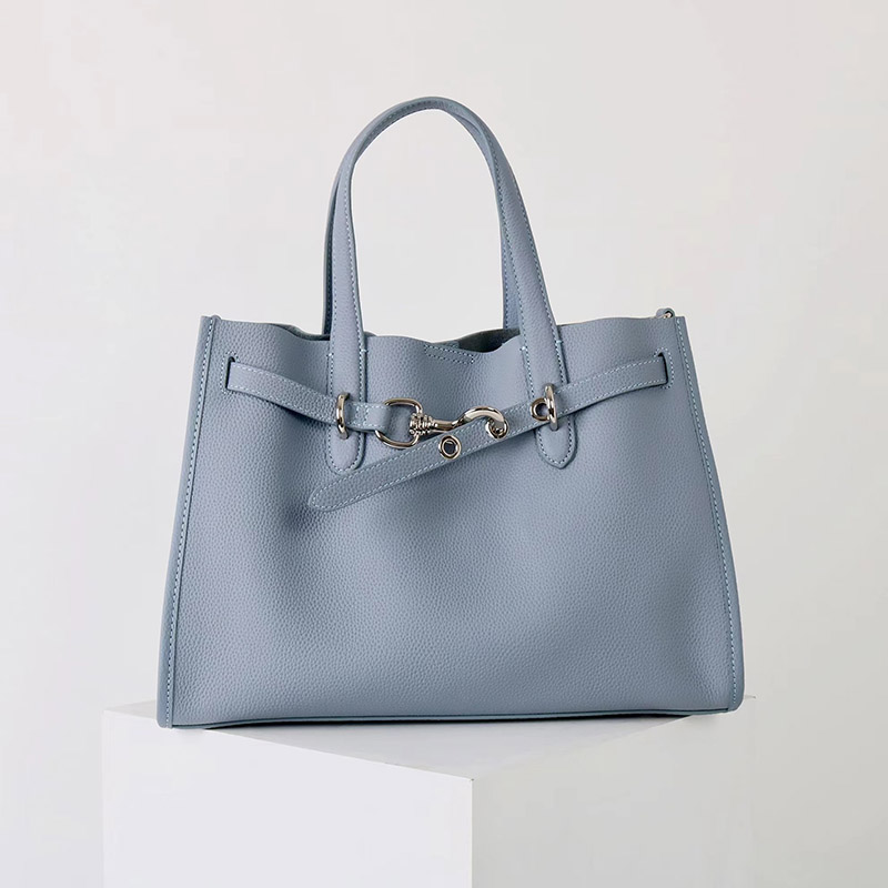 Women's Full-Grain Leather Drawstring Buckle Tote Bag With Silver Hardware